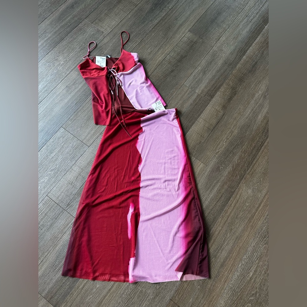 Zara Pink and Red Slip Maxi Skirt Set